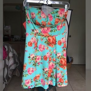 Teal Floral Strapless Mini dress